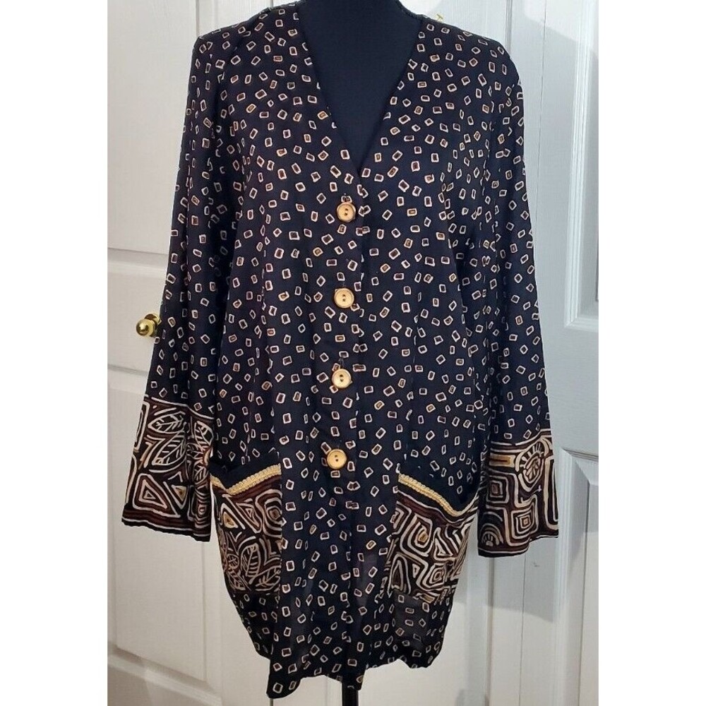The Villager Women's Black Print Long Sleeve Top Button Up Long Shirt  Size 10